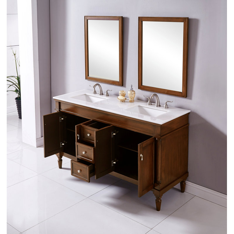 Ensemble de meuble-lavabo double 60 po Lexington, Noyer, Veines blanches / brunes