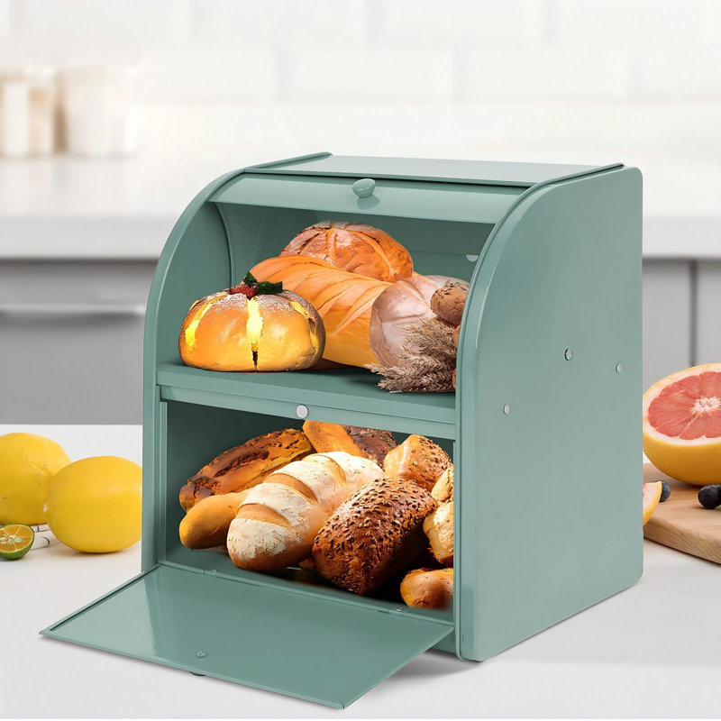 Boîte à pain en acier inoxydable, boîtes à pain à 2 couches, contenant de grande capacité pour comptoir de cuisine, corbeille à pain en métal, porte-pain (vert)