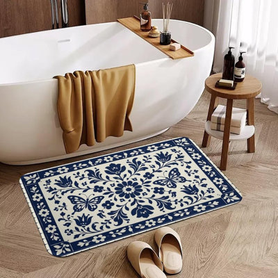 Tapis lavable antidérapant bleu en flanelle à motif floral bleu pour entrée de cuisine, 17 x 47 po