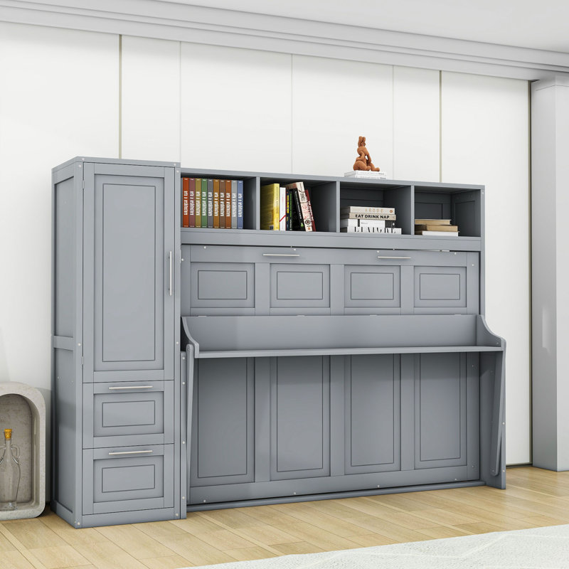 Tandie Wood Murphy Bed with Shelves and 2 Drawers, Full, Gray
