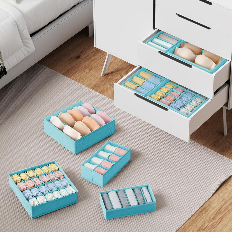 12 Pack Drawer Organizer Set - 114 Cells Foldable Fabric Dresser Dividers For Clothes, Socks, Bras, Underwear, Ties, Belts And Scarves, Non-Woven Storage Bins For Bedroom And Dorm