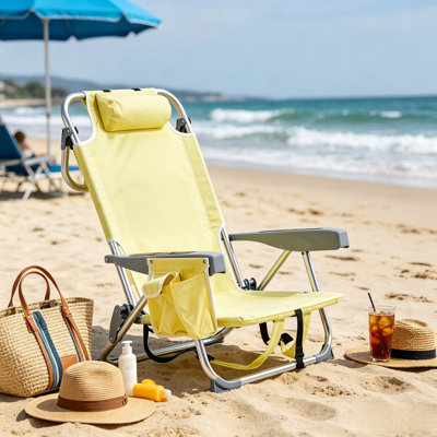 Light Yellow Folding Beach Chair with Pillow & Side Storage Pocket, Aluminum Frame Portable Reclining Outdoor Lounge Chair for Beach Camping Patio