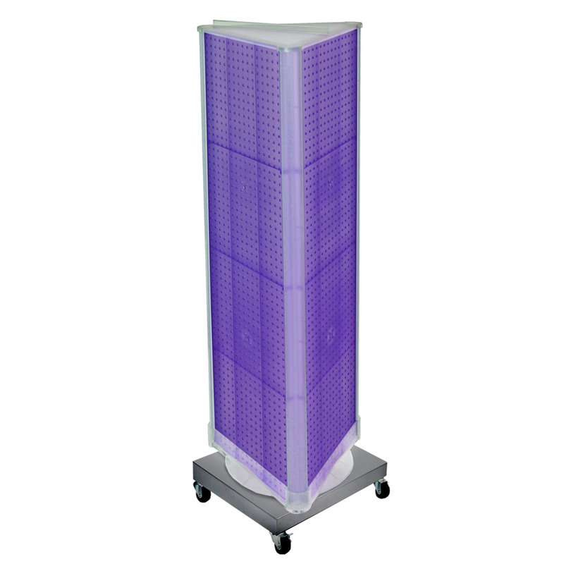 Three-Sided Revolving Pegboard Tower Floor Display on Wheeled Metal Base. Spinner Rack Stand. Panel Size: 16"W x 60"H