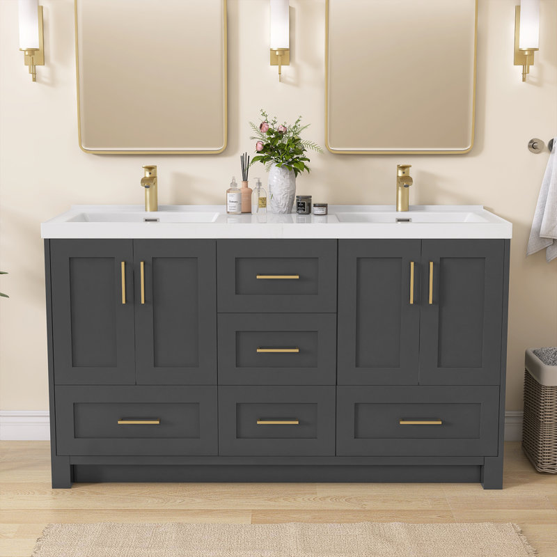 Donnal 60 po Meuble-lavabo autoportant à double cuve avec surface solide, gris