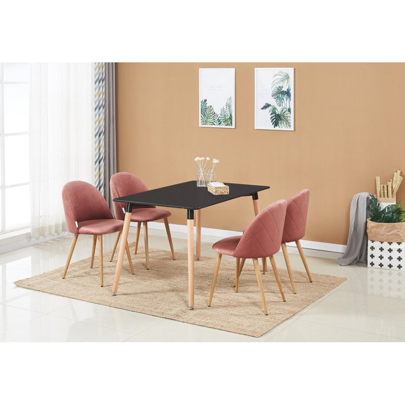 Totnes 4 Person Dining set - a Rectangular Plastic Dining Table with Wooden Legs and a Set of 4 Quilted Velvet Dining Chairs for Dining Room - Modern Dining Table Set