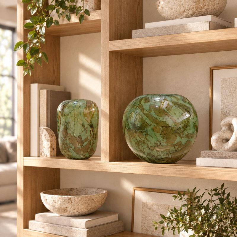 Set of 2 Handblown Glass Table Vases, Sea Green with Light Brown Abstract Design