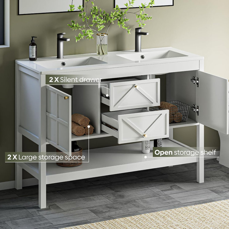 48" Farmhouse Double Sink Bathroom Vanity With 2 Drawers & Doors, White