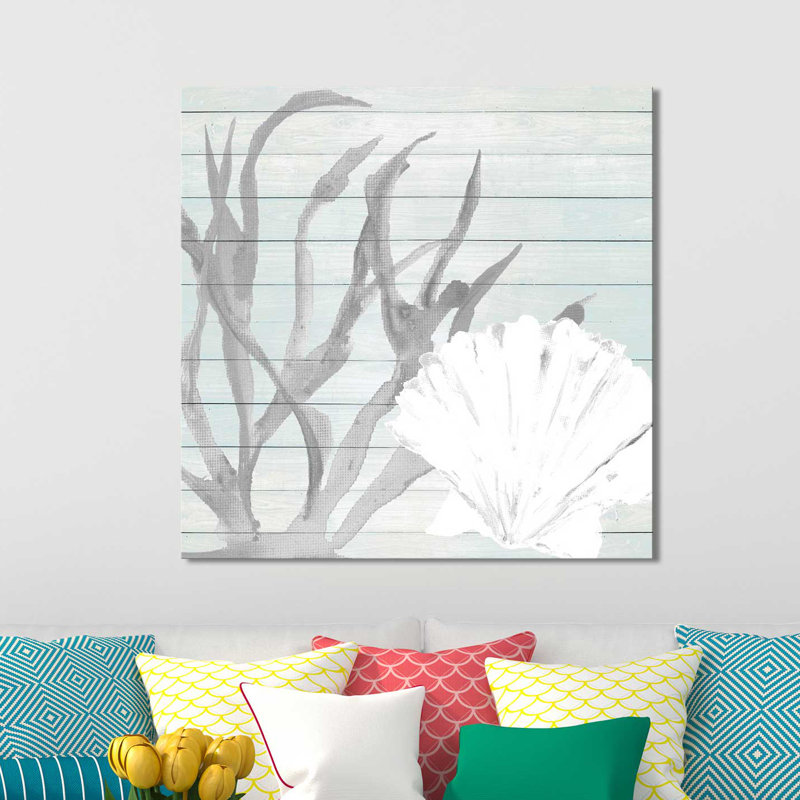 «Seashell on Blue Wood», reproduction de peinture à l'aquarelle, H 18 po x l 18 po x P 1 po, Toile tendue