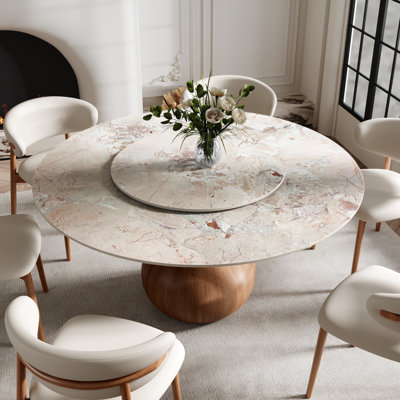 Mid-Century Modern Farmhouse Round Sintered Stone Pedestal Dining Table With Lazy Susan For 4/6/8/10