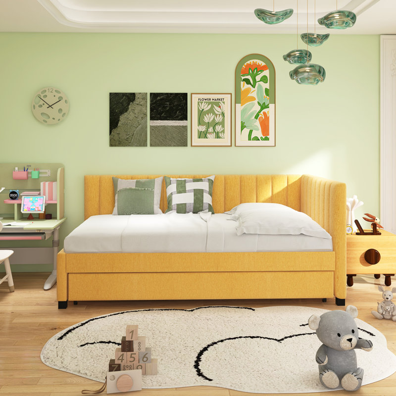 Upholstered Daybed With Trundle Sofa Bed Frame, Twin, Yellow