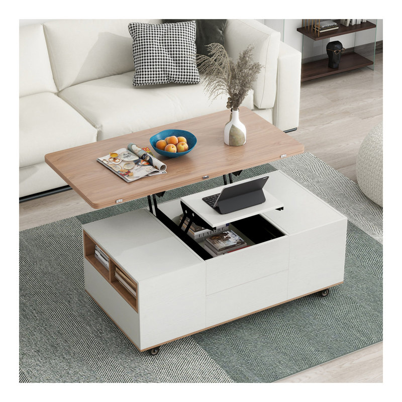 Table basse à plateau relevable moderne en noyer et blanc avec tiroirs et tablettes Modern