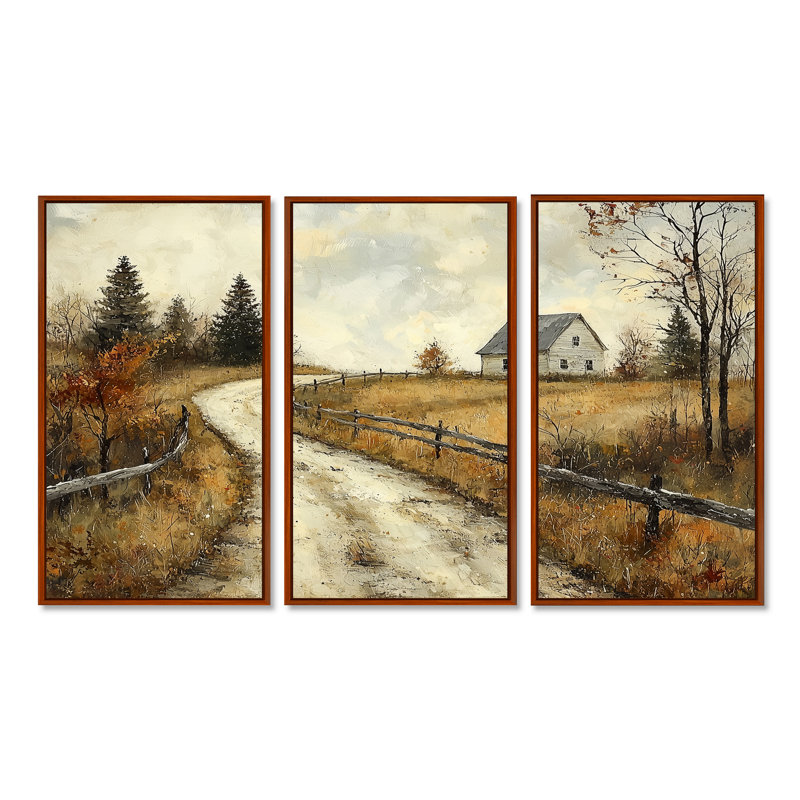 Green Autumn Country Road II - Ensemble de décoration murale maison de campagne, Toile avec cadre flottant brun