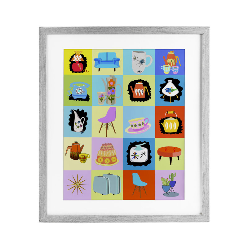 Reproduction sous verre rétro de vignettes rétro, design par Lynnda Rakos, H 21 po x l 17 po, Cadre de ferme gris