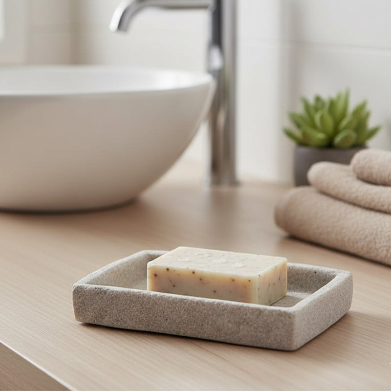 Stone Effect Soap Dish Holder Cup Dispenser Tray, Gray