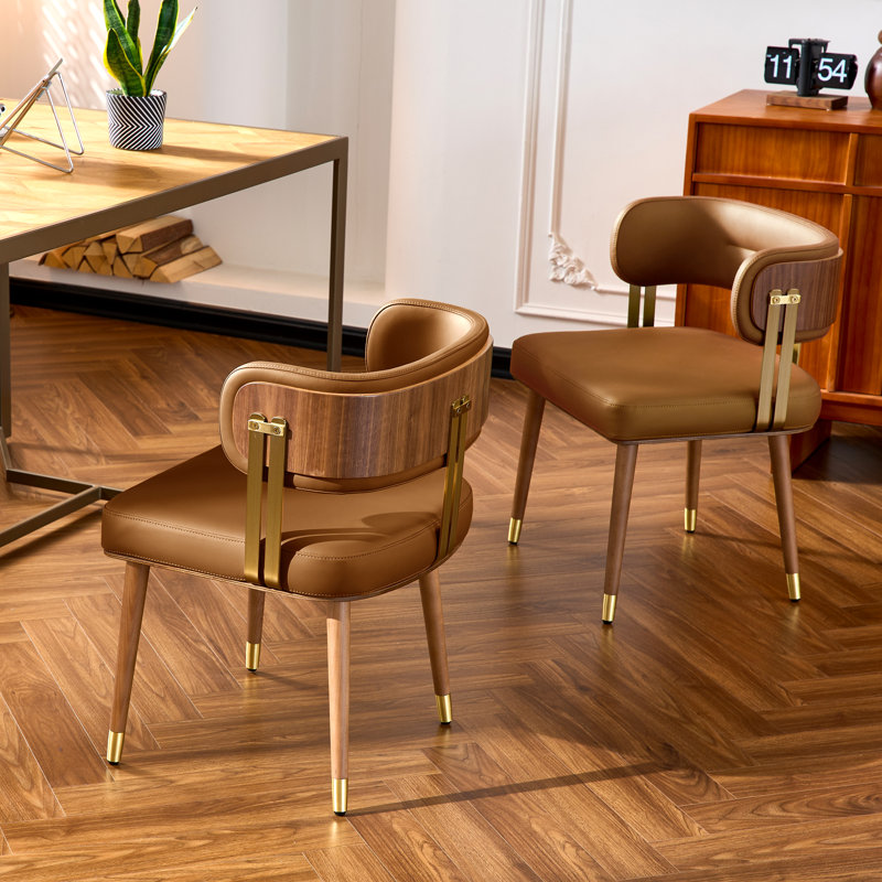 VBANPA Modern Dining Chairs Set Of 2, Mid-Century Upholstered Leather Dining Chairs With Thick High-Resilience Foam Cushion For Maximum Comfort, Walnut Wood Veneer & Gold Metal Legs, Dining Chairs With Anti-Slip Pads For Kitchen And Dining Room