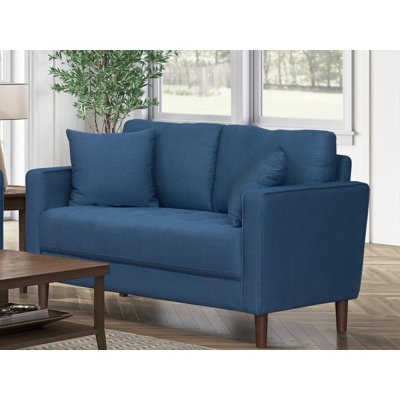 Canapé contemporain capitonné en tissu bleu + bois + contemporain + moderne + 2 sièges