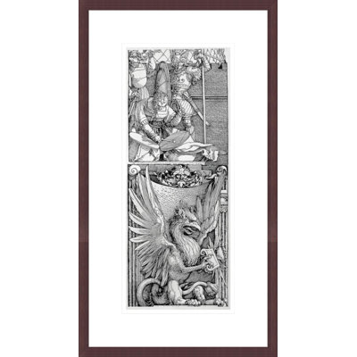 L'arche de triomphe de l'empereur Maximilien I (1459-1519): détail de l'ornement de pilier montrant un griffon ailé sous une silhouette frappant deux tambourins, un chevalier en armure et un pub en héraut. 151 par Albrecht Dürer - Impression numérique sur toile