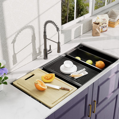 All In One  33X19inch Undermount Gunmetal Black Double Bowl  Kitchen Sink 18 Guage Stainless Steel With Faucet