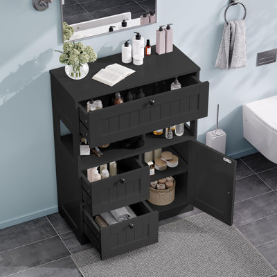 Modern Freestanding Bathroom Floor Storage Cabinet - 1 Door 3 Drawers, Multi-Use Organizer Cupboard for Kitchen Living Room