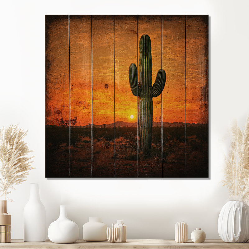 Cactus In The Desert Glow I - Floral Cactus Wood Wall Decor - On Natural Pine Wood, 36" H x 36" W x 0.78" D