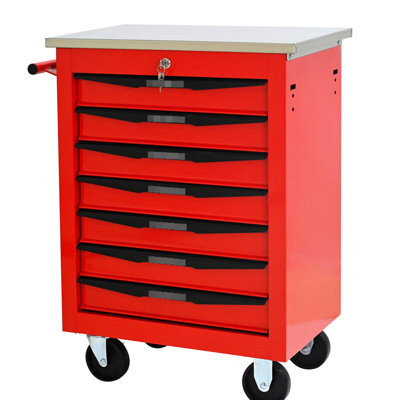 Red&Black 7 Drawers Rolling Tool Cart With Wheels And Stainless Steel Roof For Garage Warehouse, 4 Universal Locking Mechanism, Pull Handle, Bearing Drawer Slides Multifunctional - Workshop, Color,