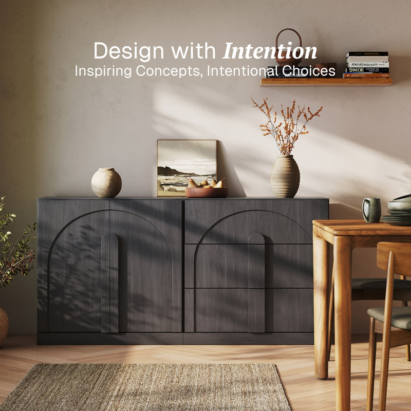 Modular 2Pcs Sideboard Cabinet w/Shelf and 3 Drawers, Ebony, Bijou Ebony BC