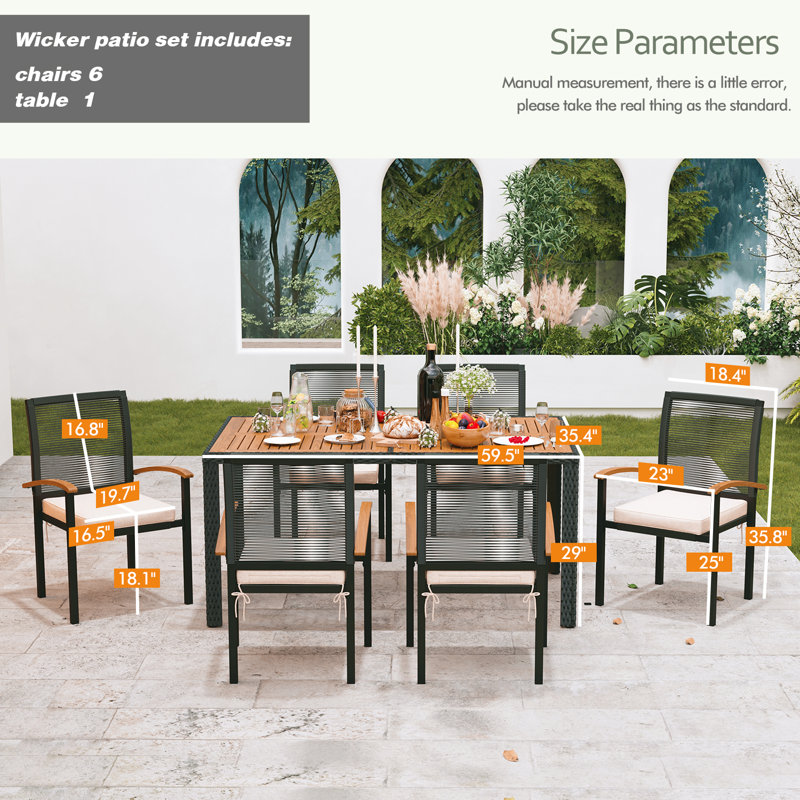 Ensemble repas pour 6 personnes, table en osier et chaises pour patio, terrasse, cour, jardin