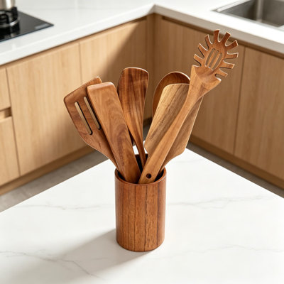 9-Piece Teak Wooden Utensil Set With Holder - Kitchen Cooking Spoons, Spatulas, Turner, Scraper And Spaghetti Spoon For Non-Stick Cookware