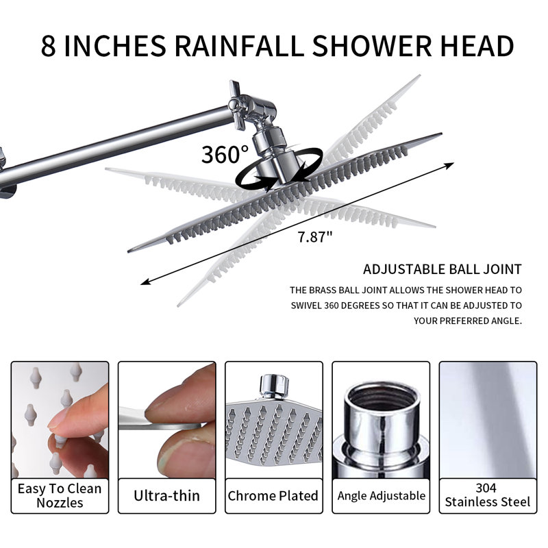 Extra Large Rainfall Shower Head Swivel Extension Arm With Handheld Spray, Chrome