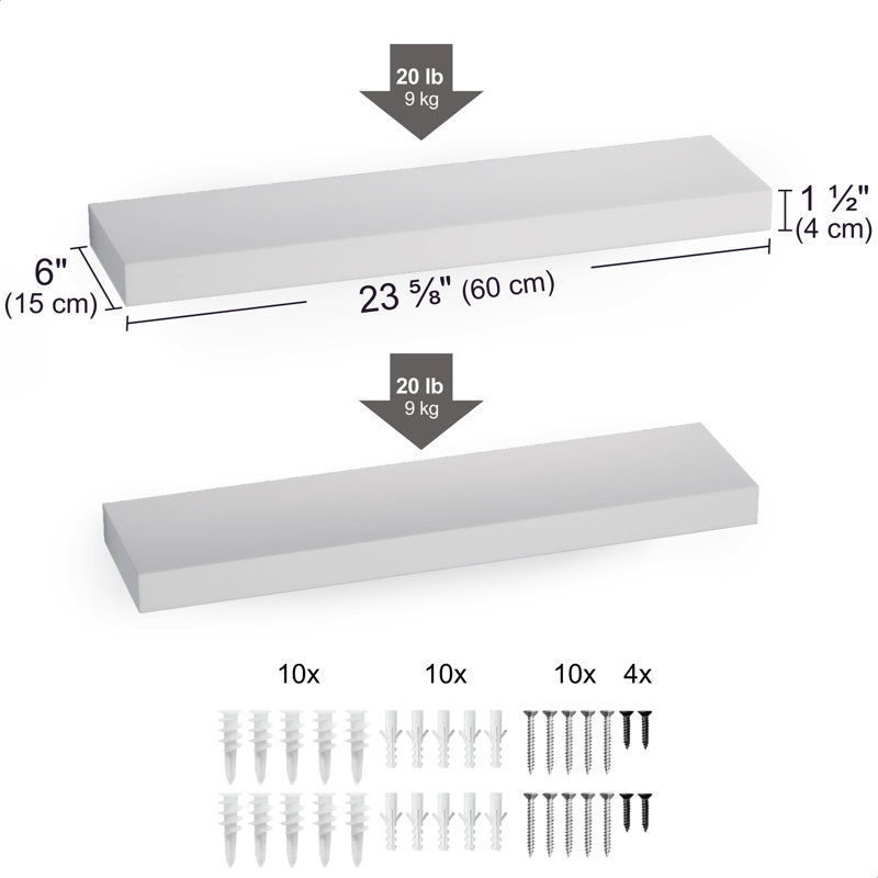 Sydney 24" W x 6" D Floating Shelves Set with Invisible Wall Mount Brackets, White