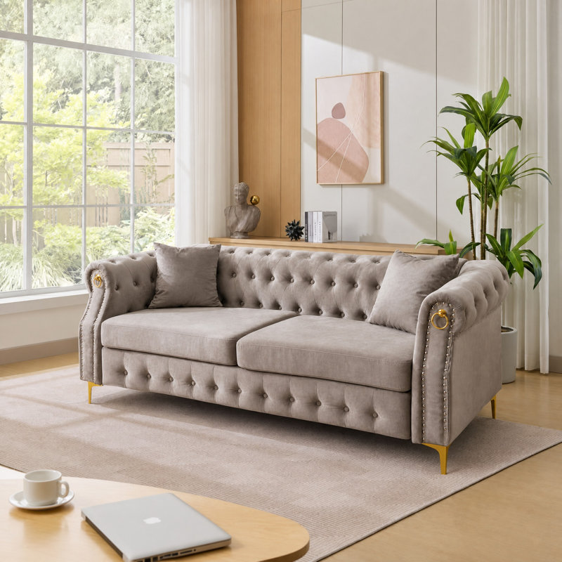  83.5" Velvet Chesterfield Tufted Sofa, Beige
