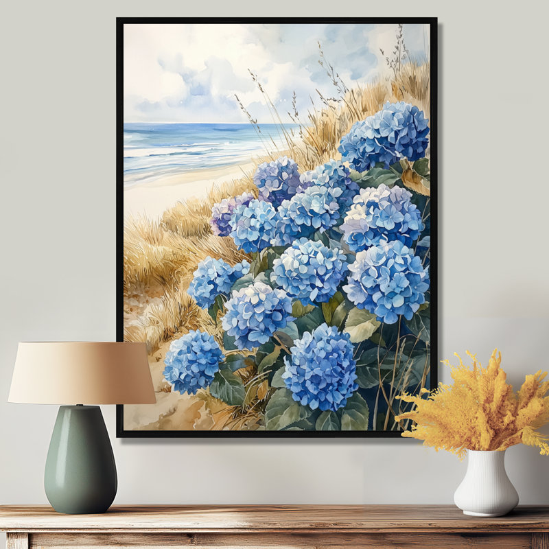 Ayanguangs d'hortensias au bord de la mer I - art mural d'hortensias pour le salon, H 20 po x l 12 po, Noir