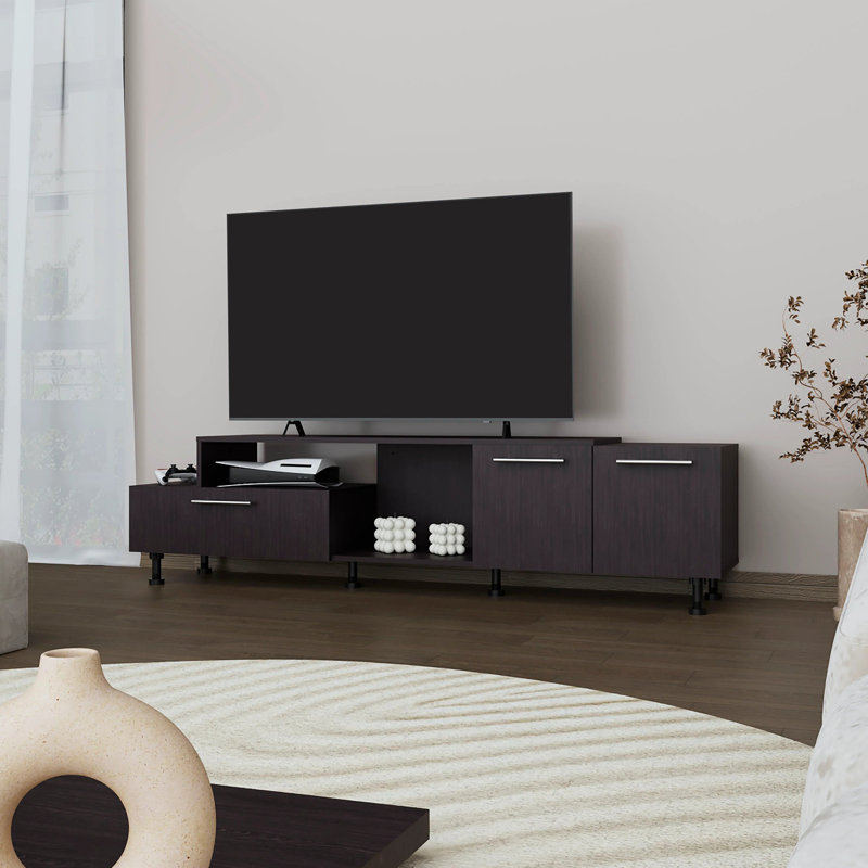 Meuble audio-vidéo avec rangement ouvert et 2 armoires latérales