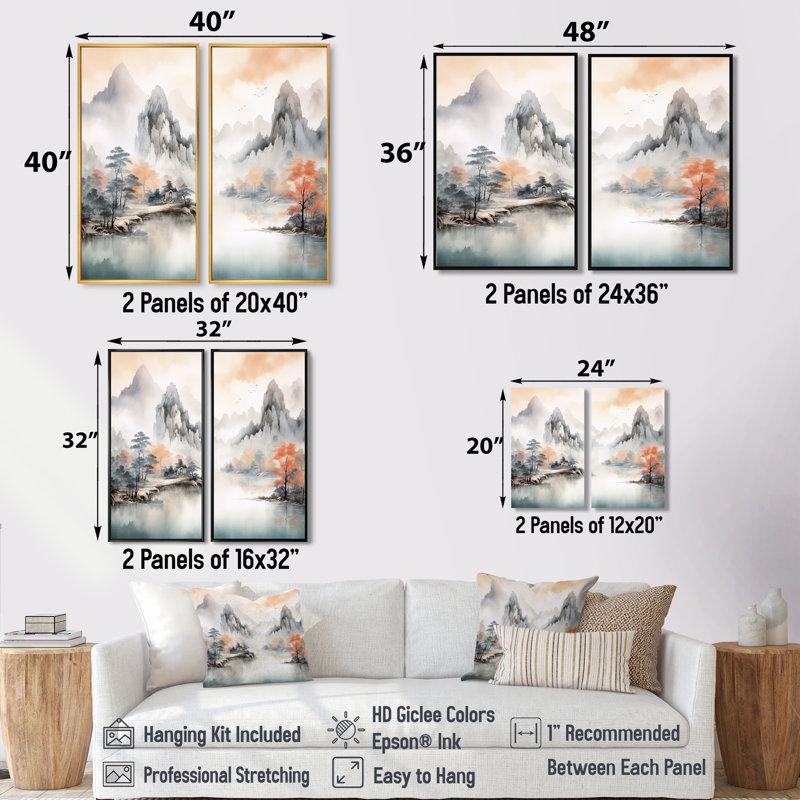 «Grey Tranquil Chinese Landscape Serenity I», art mural traditionnel orange, H 20 po x l 24 po, Blanc