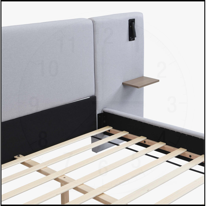 Lit tapissier chic en lin avec lumières et tablettes intégrées, gris, grand lit, Très grand, gris