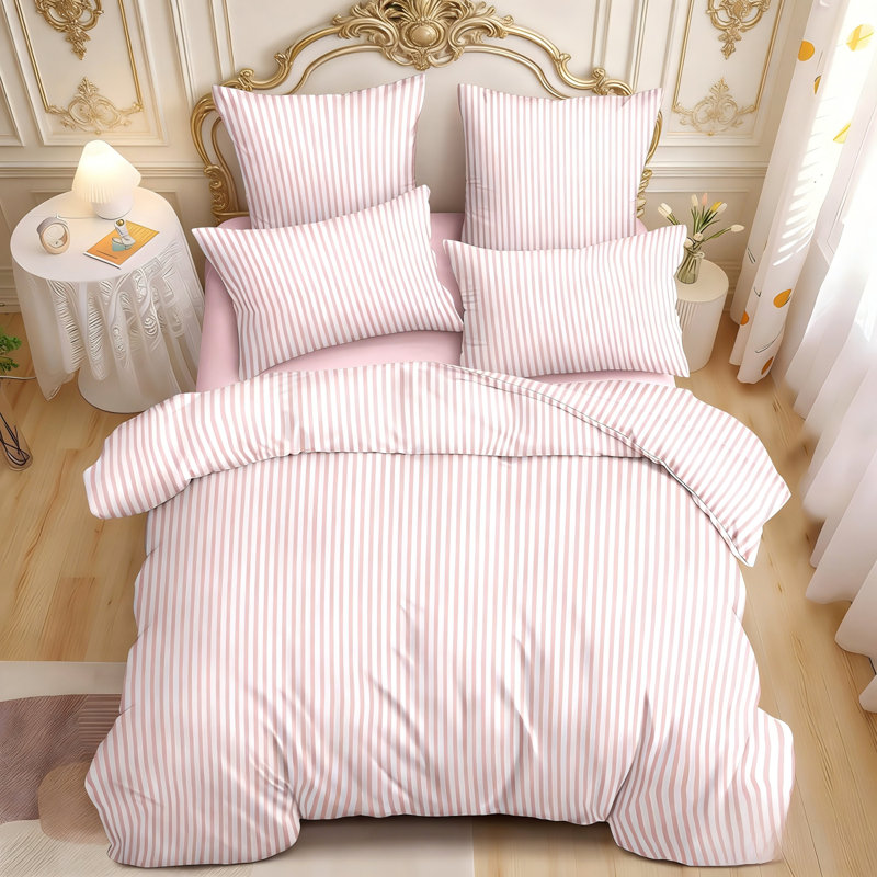 Pink Striped Comforter Set Stripe Comforter Soft Lightweight Pinstripe Dorm Bedding Set For All Seasons, Pink