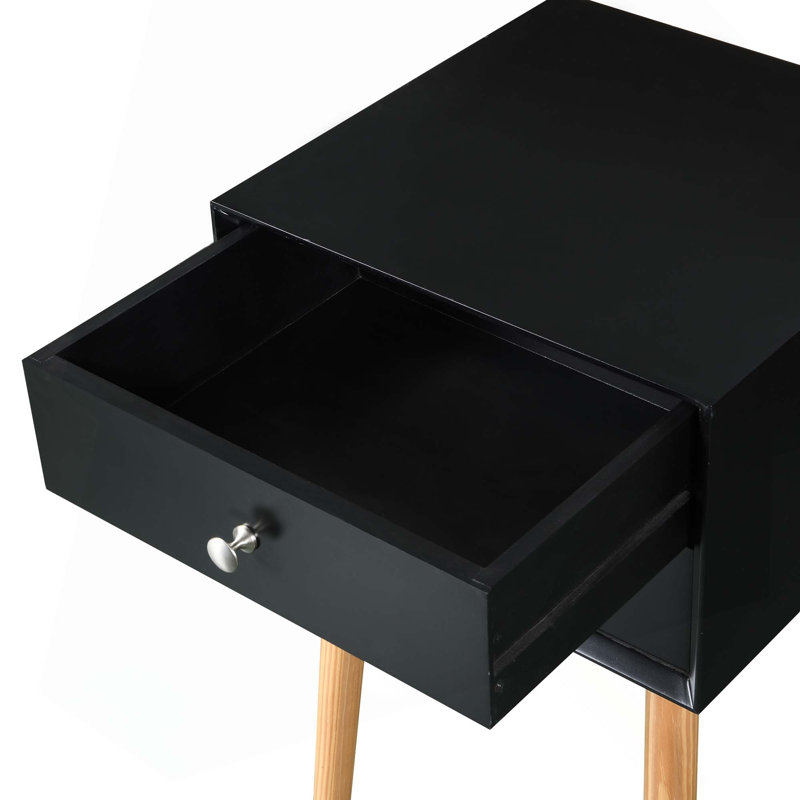 Table de chevet Mid-Century avec 2 tiroirs et pieds en bois d'hévéa, Noir