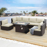 7-Piece Outdoor Furniture Set with Fire Pit Patio Wicker Conversation Set Cushions