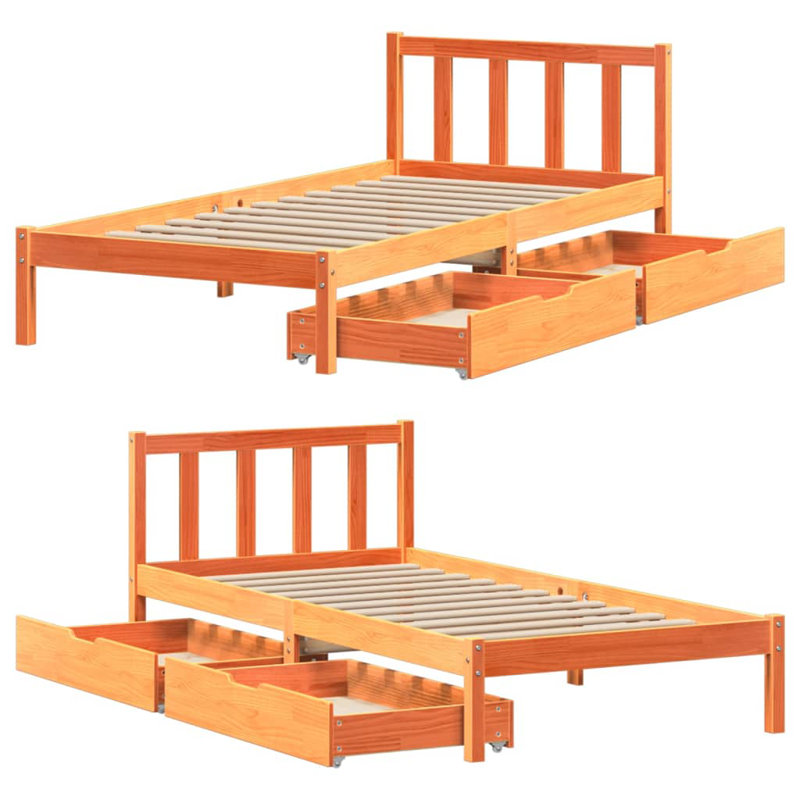 Solid Wood Storage Bed, 100 x 200cm, Wax Brown
