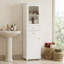 Grande armoire de salle de bain autoportante blanche de 63 pouces, armoire de rangement en MDF avec portes en verre, deux tiroirs et tablettes réglables-1701557930
