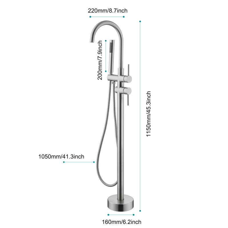 Tub Filler In Brushed Nickel With Handheld Shower, 360 Degree Swivel Spout, Floor Mounted Sanitary Faucet Standing Rotatable Mounted, High