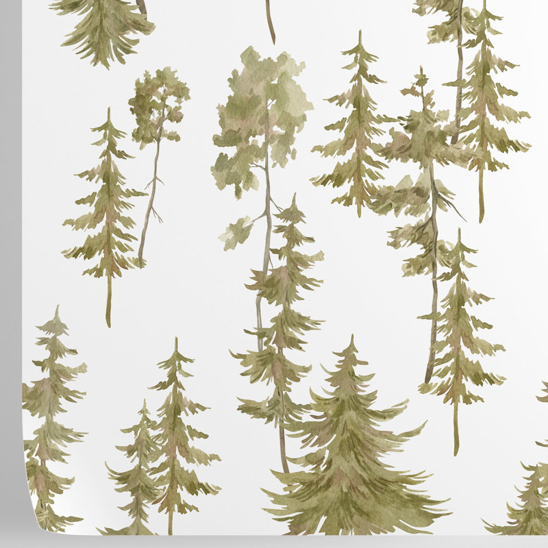 Green Wood with Watercolor Pines Forest Wallpaper