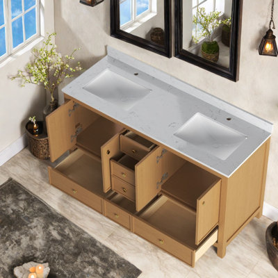 Meuble-lavabo moderne à double évier avec finition en bois, rangement spacieux pour la salle de bain