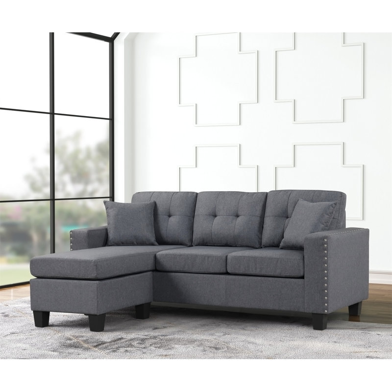 Canapé modulaire moderne en L avec méridienne, Lin gris