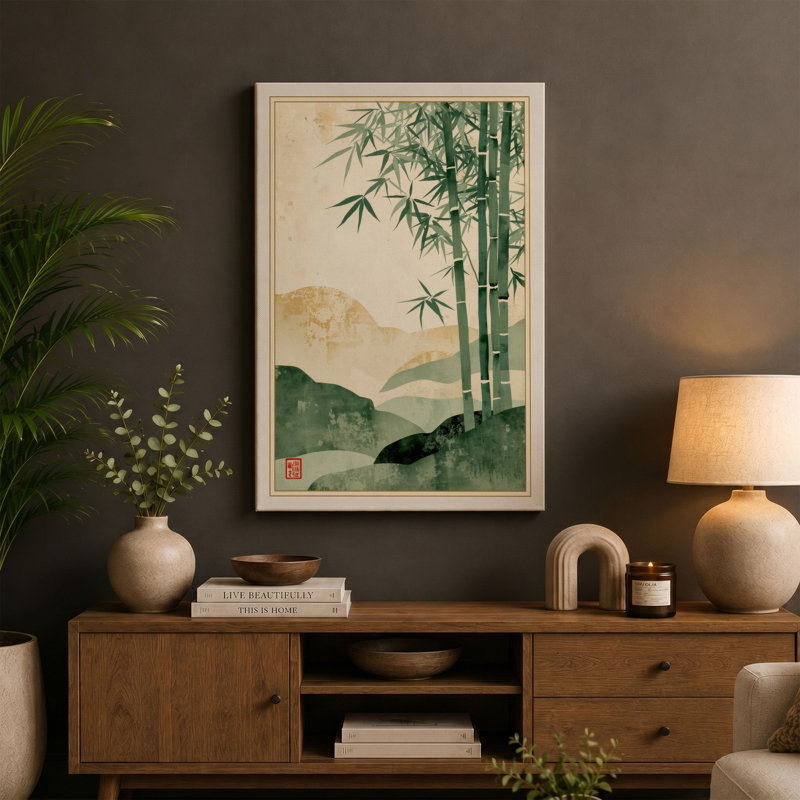 Bamboo and Distant Mountains Japandi - Wrapped Canvas, 30x20 - 76.2 x 50.8 cm, Terracotta Border