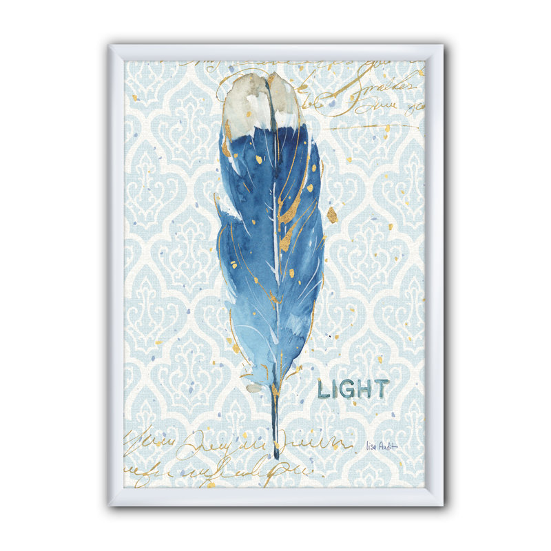 « blue damassé plumes »-cadre photo imprimé sur toile, Cadre blanc, H 40 po x l 30 po x P 1,5 po