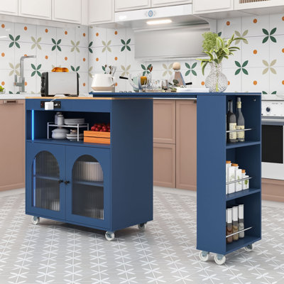 Rolling Kitchen Island with Extended Table, Kitchen Island with LED Light, Power Outlets and Storage