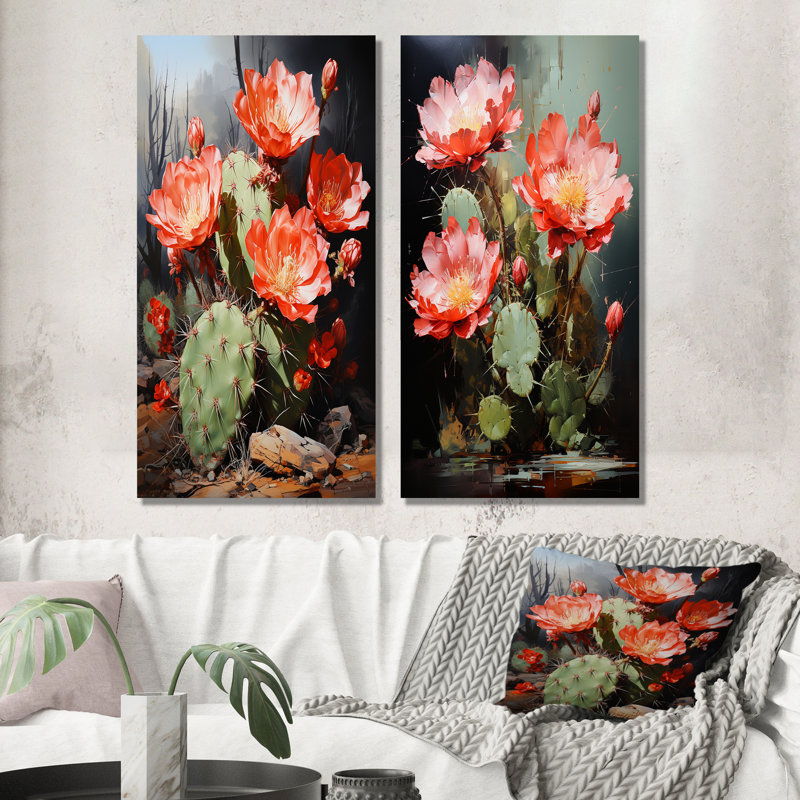 Cactus Ruby Blooms - Cactus, ensemble de 2 reproductions d'art en métal, H 28 po x l 24 po
