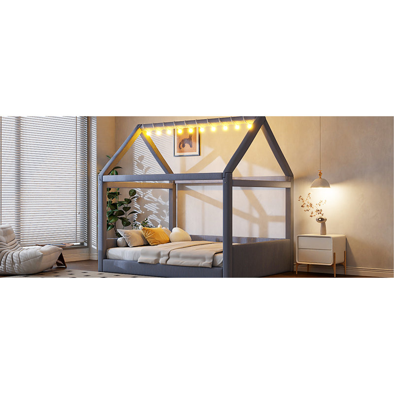 Full Size Upholstered House Daybed Of Grey With Led Strips, Playful - Style Design, Solid Wood Base, Touch Operated Lighting, Elegant Corduroy Cover Adorable Inspired Pinewood Frame, 2 Color