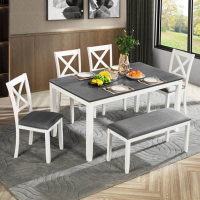 Ensemble de table de salle à manger 6 pièces avec banc, ensemble de table de salle à manger en bois pour 6 personnes, ensemble de table de salle à manger moderne pour 6 personnes pour la salle à manger, cuisine, gris et blanc deux tons